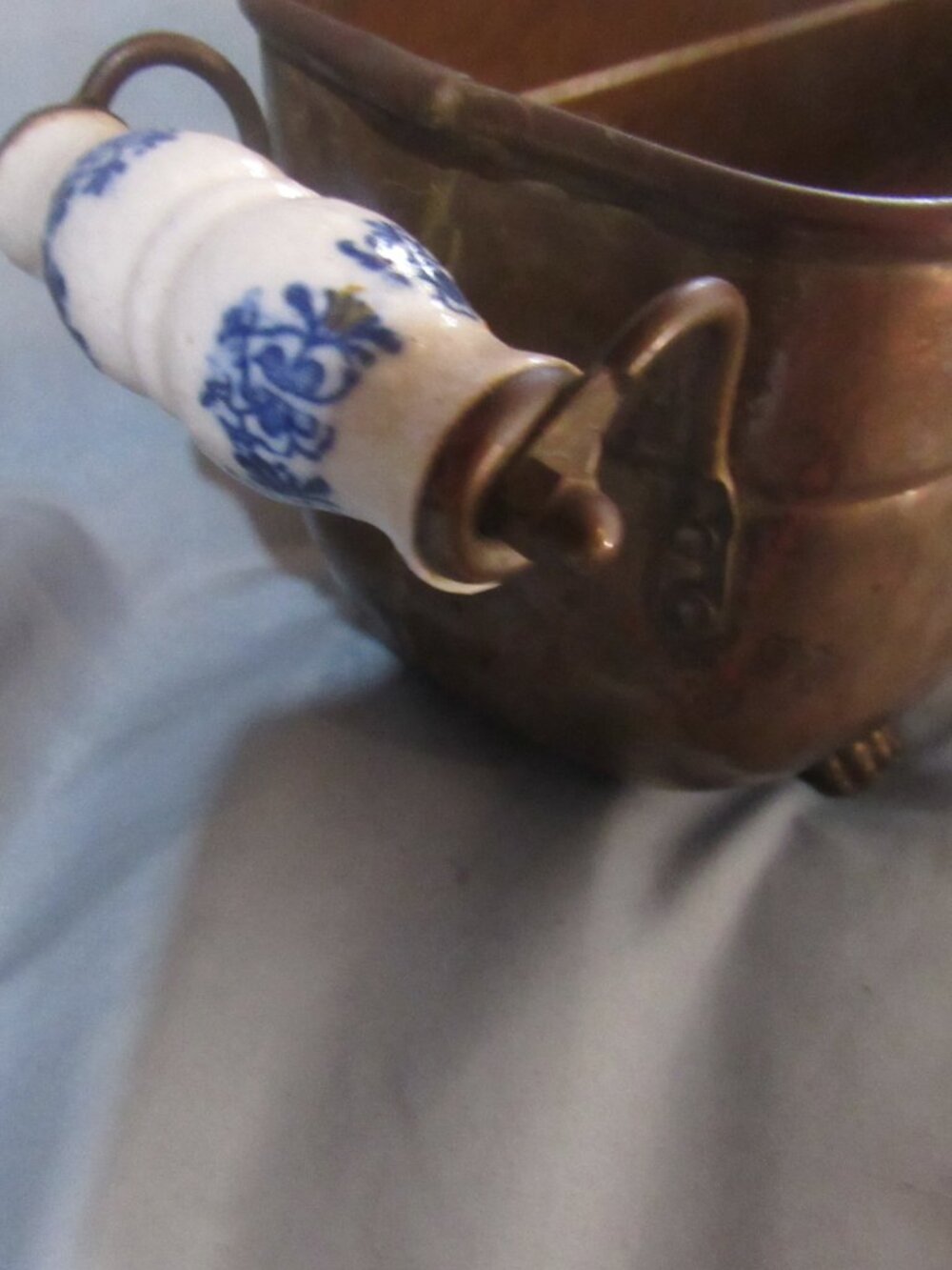 Vintage Hand Hammered Copper Jardiniere, Delft Blue and White Handles